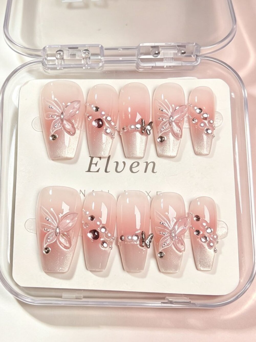 Dreamy Fairy Medium Coffin Press On Nails|3D Butterfly Rhinestone Reusable False